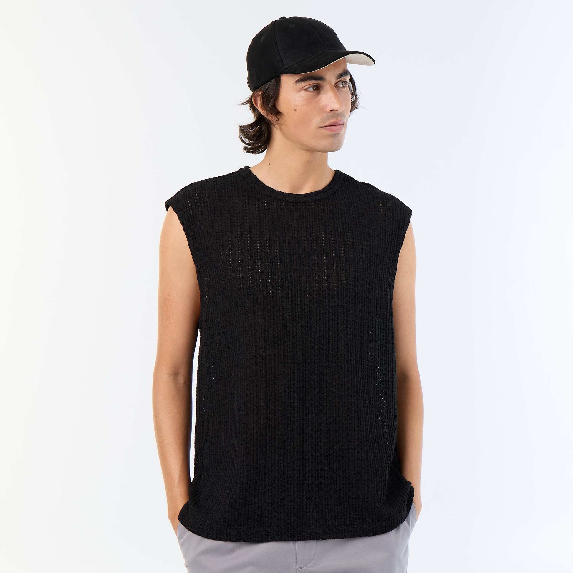 Plain openwork tank top BLACK