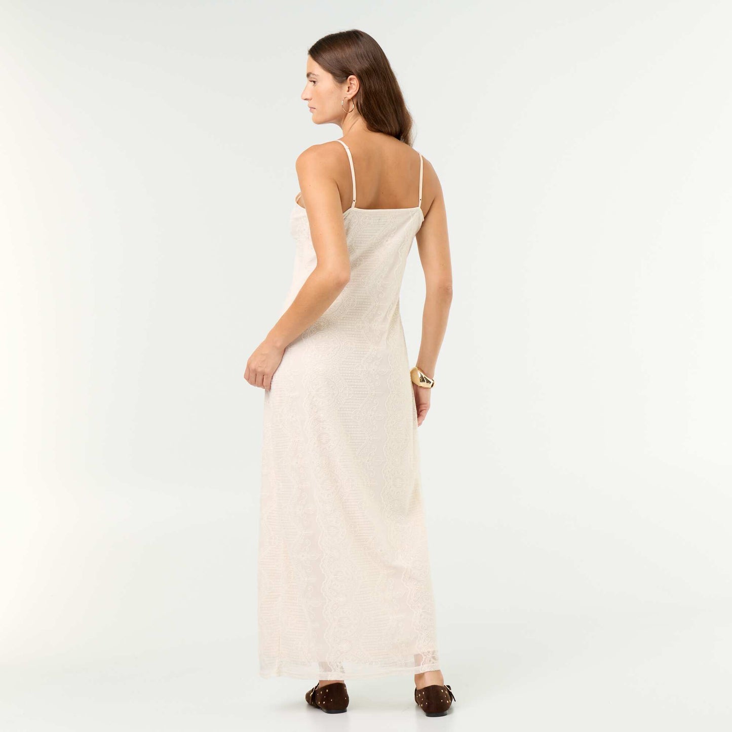 Long lace dress with thin straps BEIGE