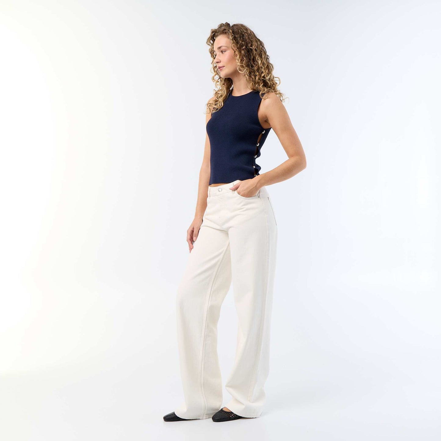Ribbed Tank Top with Jewel Buttons BLUE