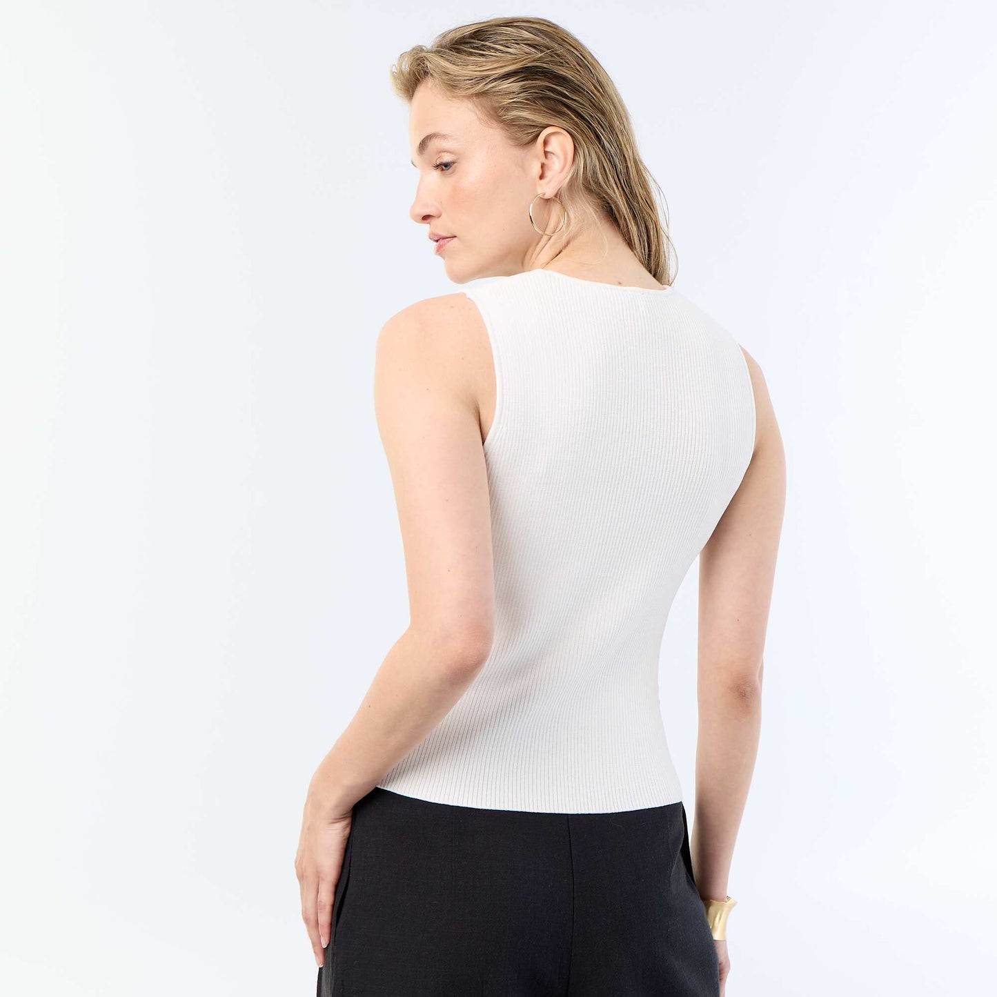 Ribbed Tank Top with Jewel Buttons WHITE
