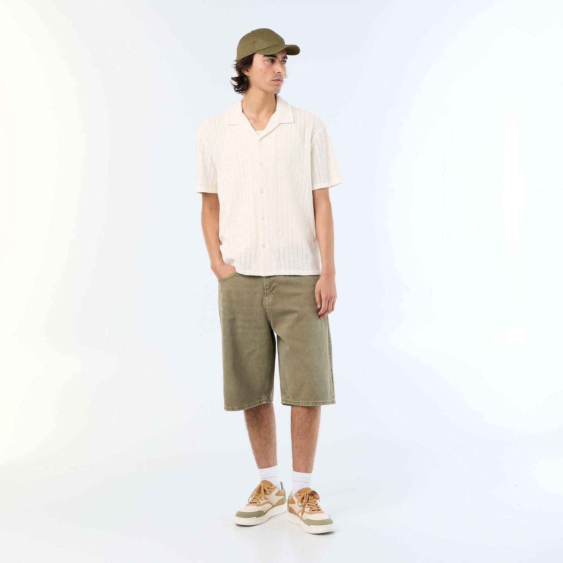 Short-sleeved Openwork Knit Shirt WHITE