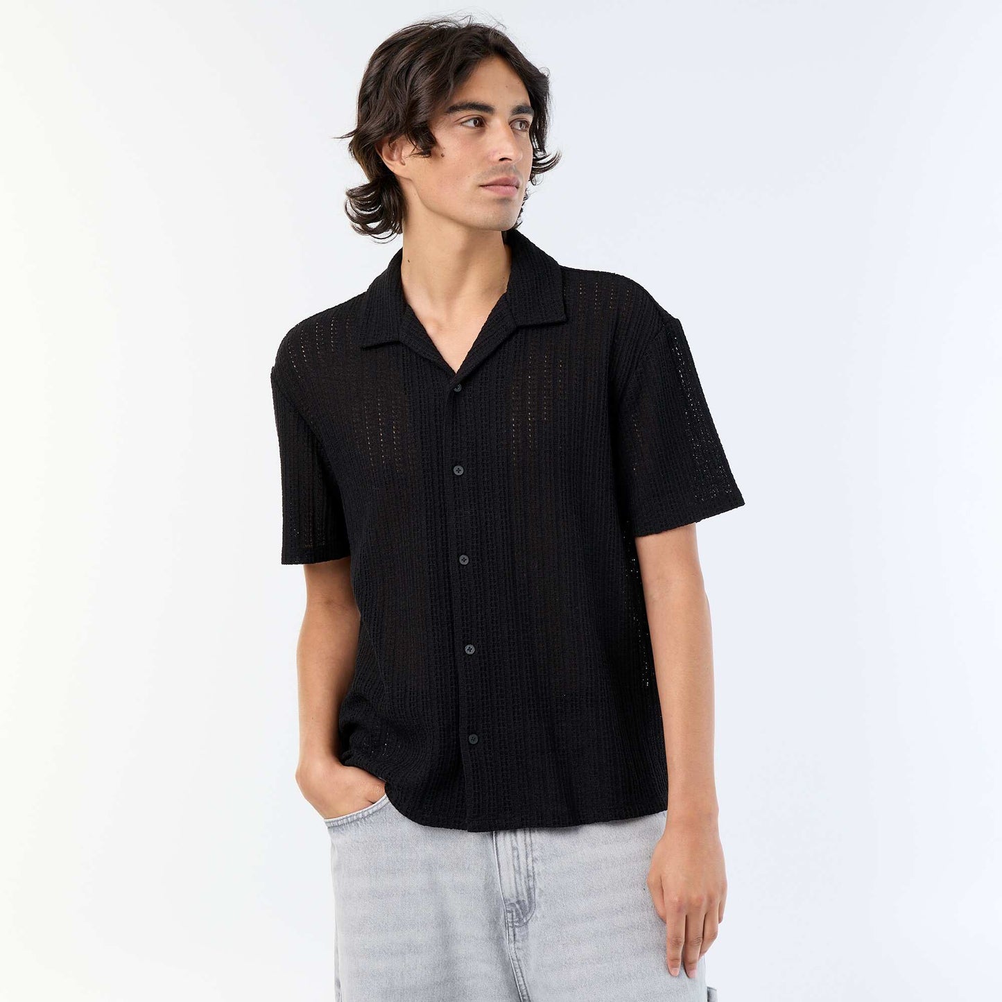 Short-sleeved Openwork Knit Shirt BLACK