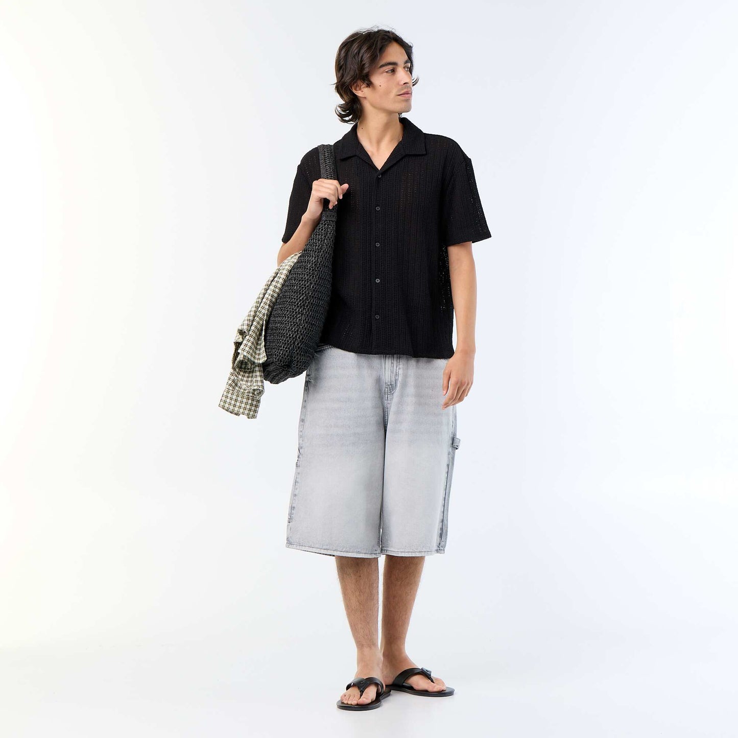 Short-sleeved Openwork Knit Shirt BLACK