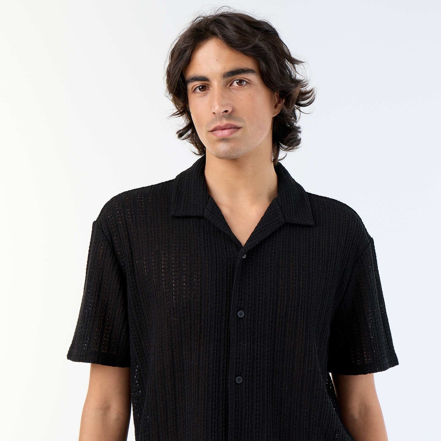 Short-sleeved Openwork Knit Shirt BLACK