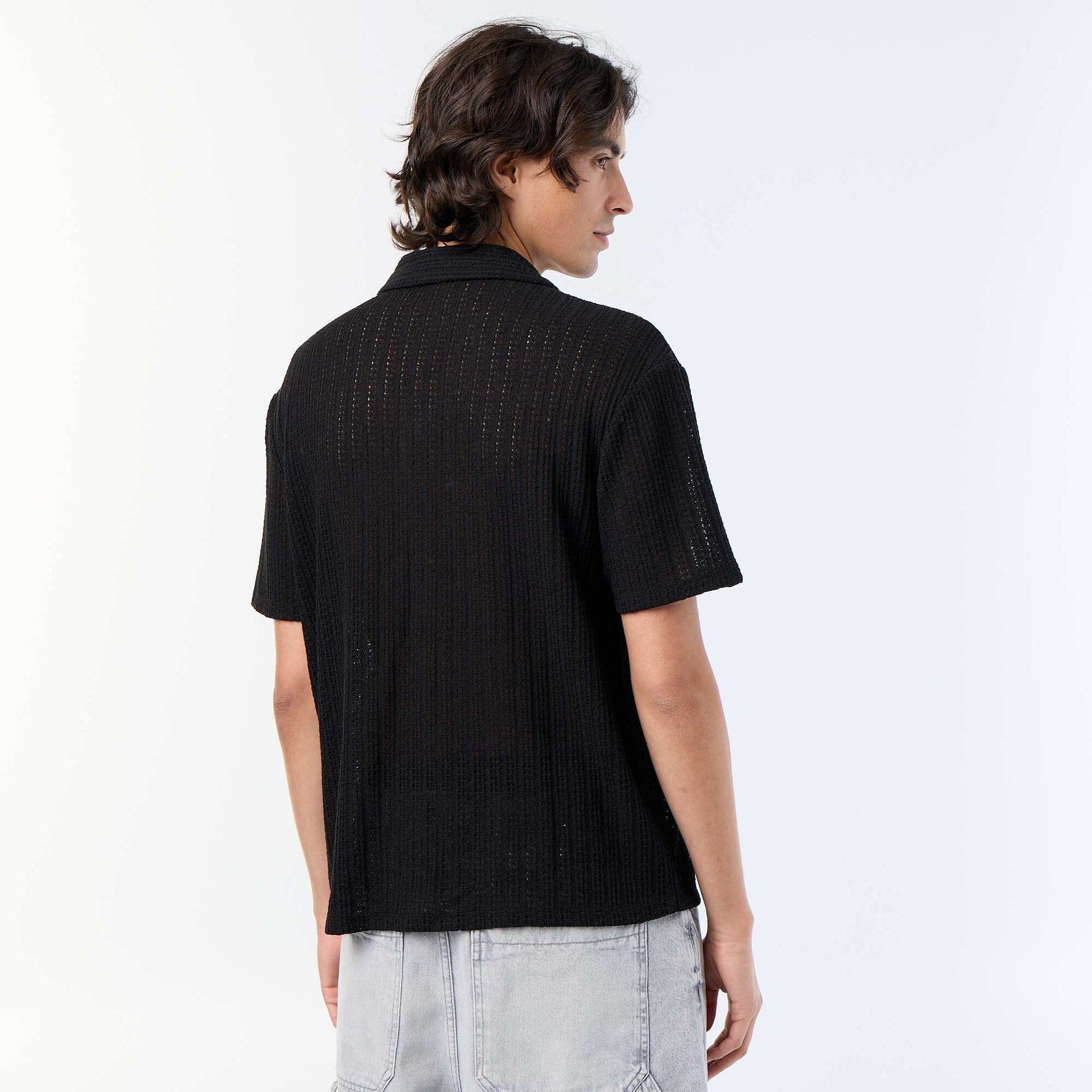 Short-sleeved Openwork Knit Shirt BLACK