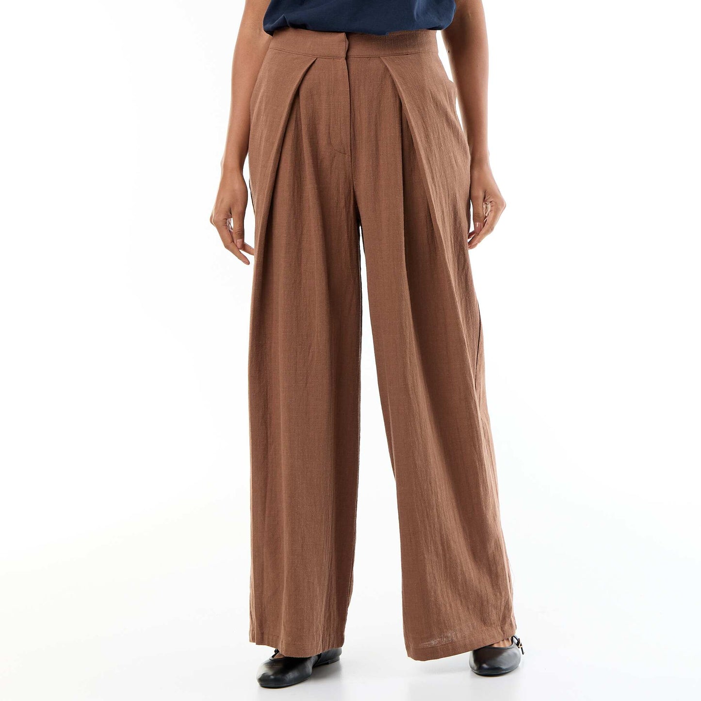 Linen blend wide leg pants BROWN