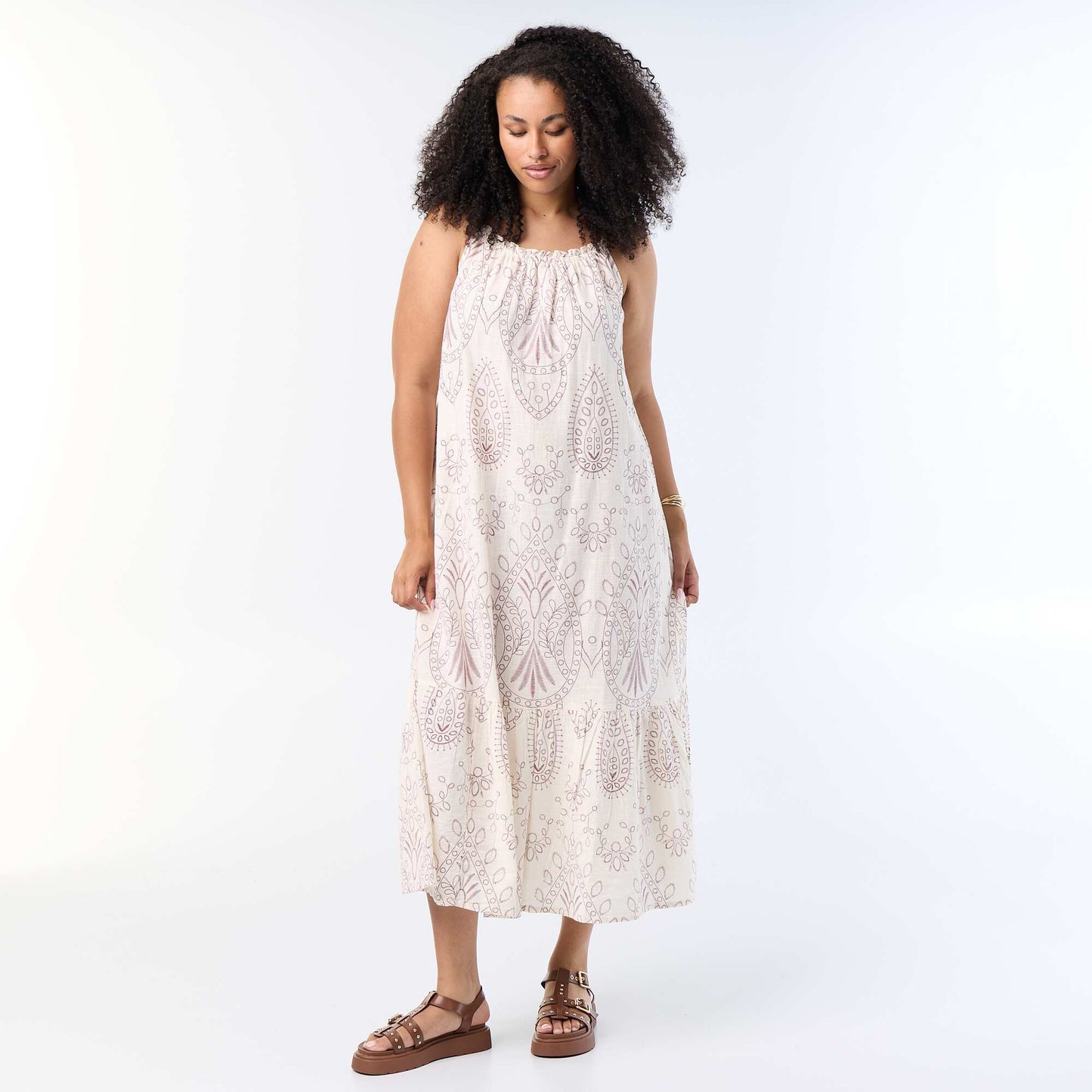 Printed Long Strap Dress BEIGE