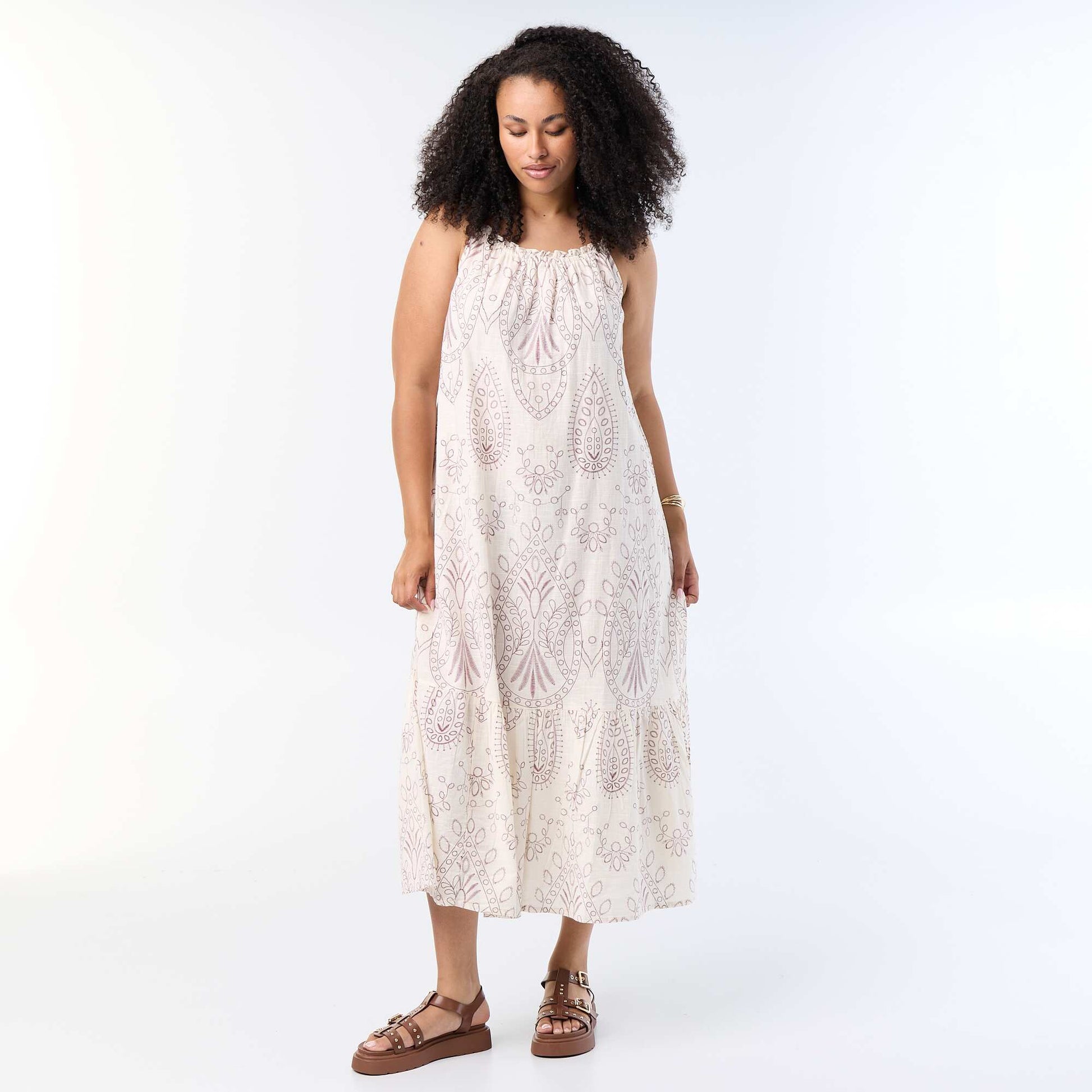 Printed Long Strap Dress BEIGE