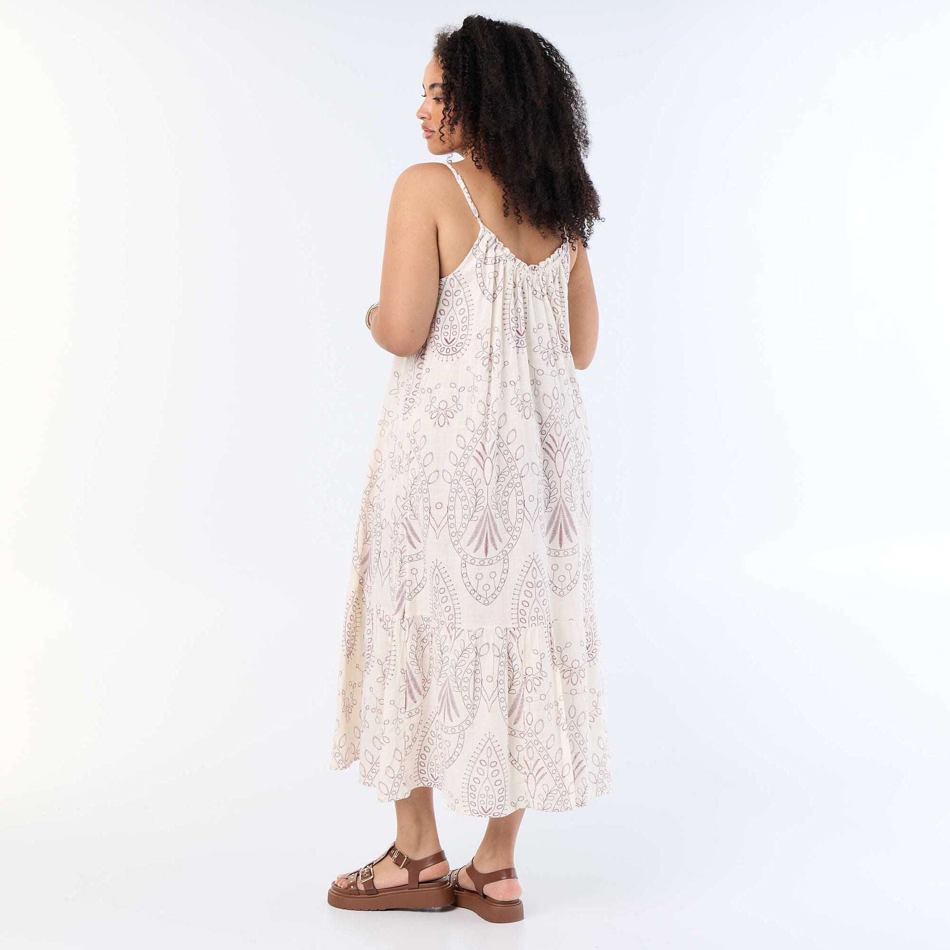 Printed Long Strap Dress BEIGE