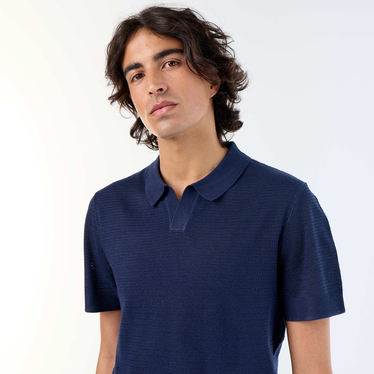 Short-sleeved openwork knit polo shirt BLACK