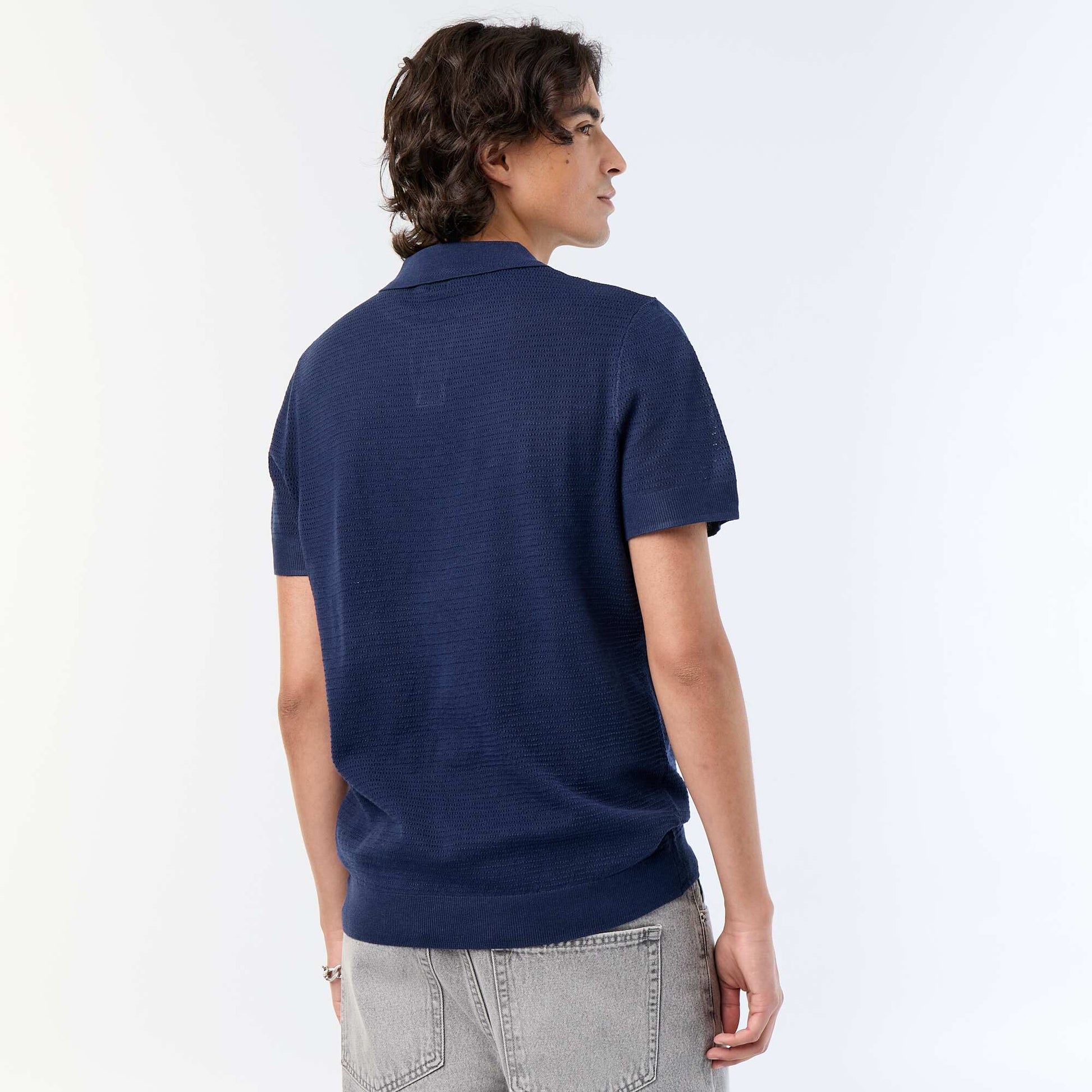 Short-sleeved openwork knit polo shirt BLACK