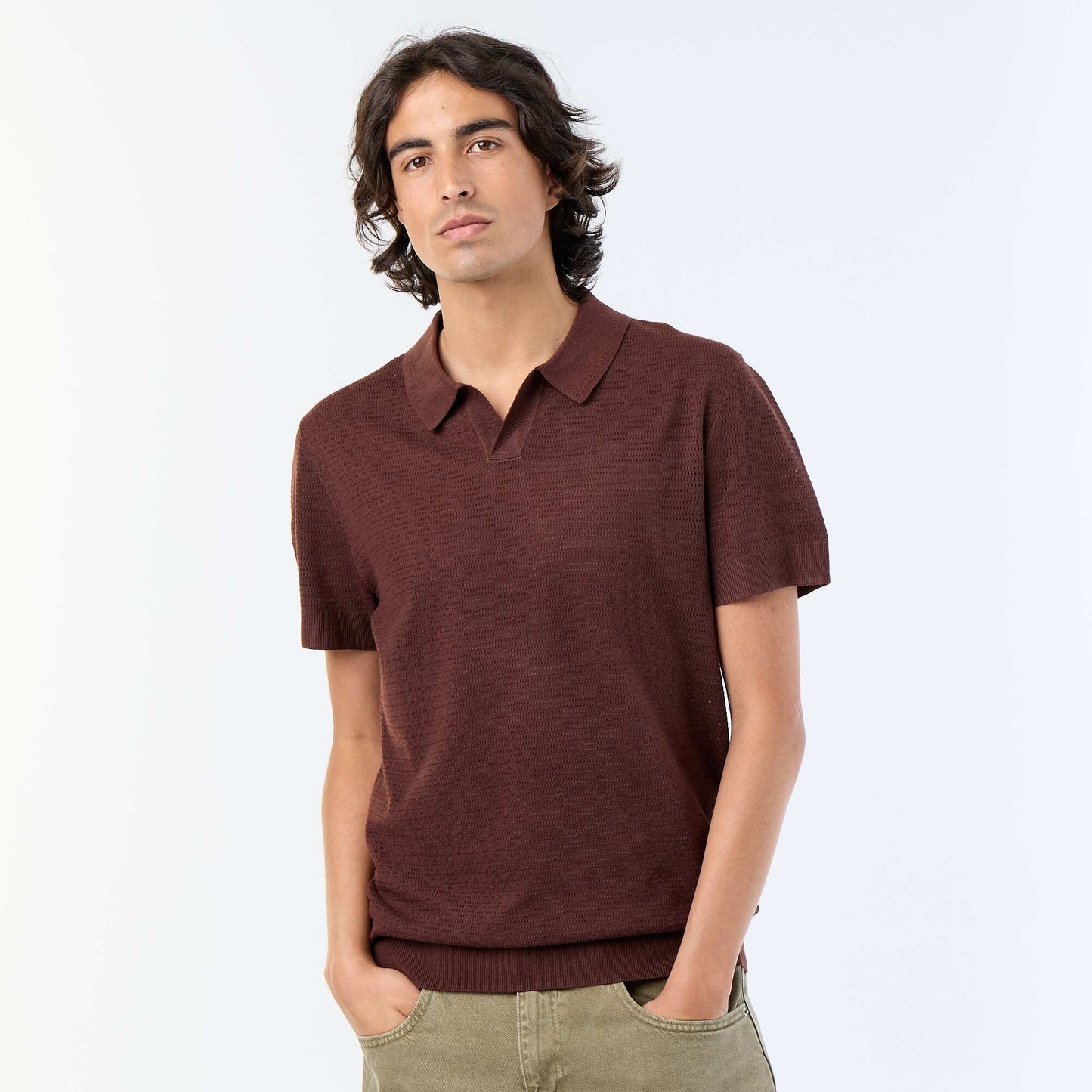 Short-sleeved openwork knit polo shirt BROWN