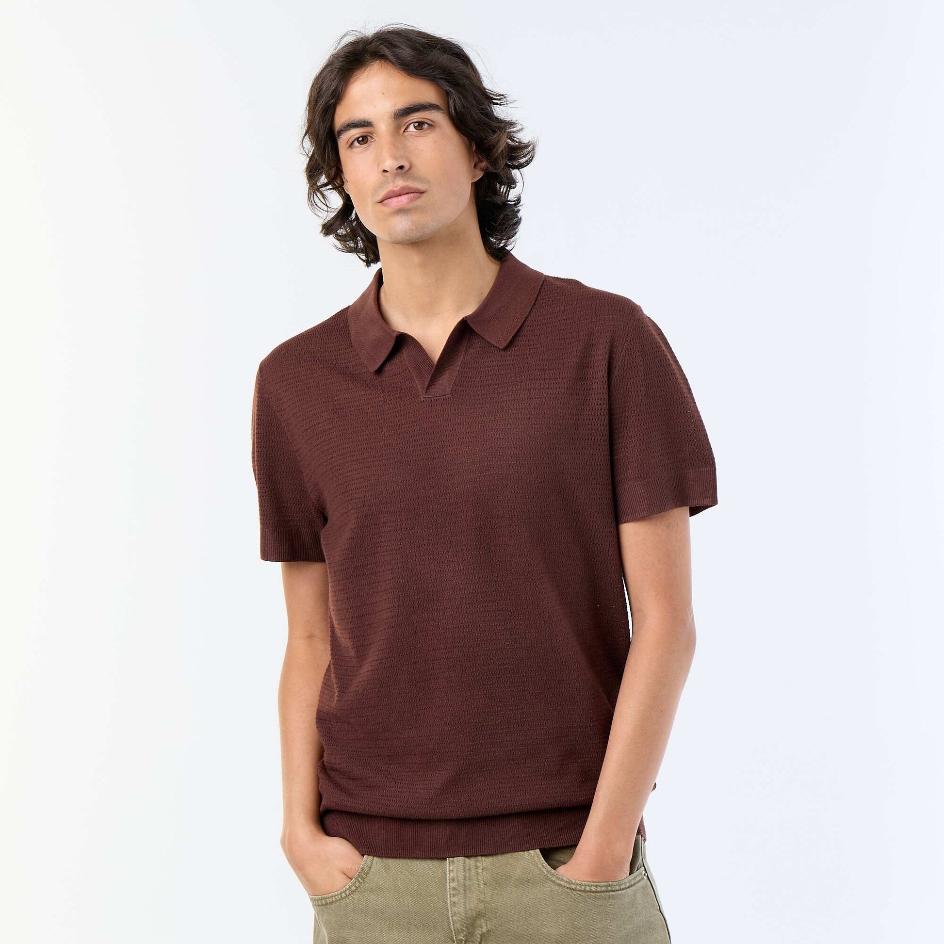 Short-sleeved openwork knit polo shirt BROWN