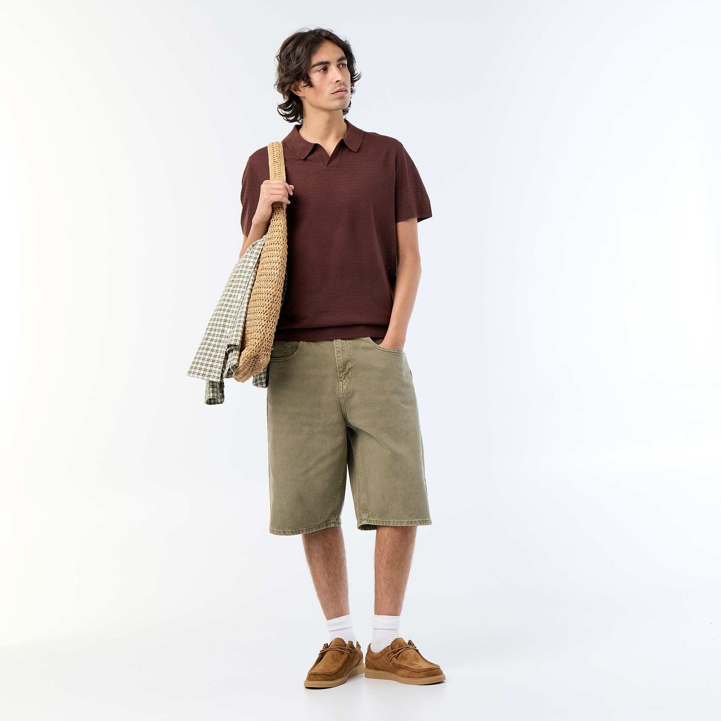 Short-sleeved openwork knit polo shirt BROWN