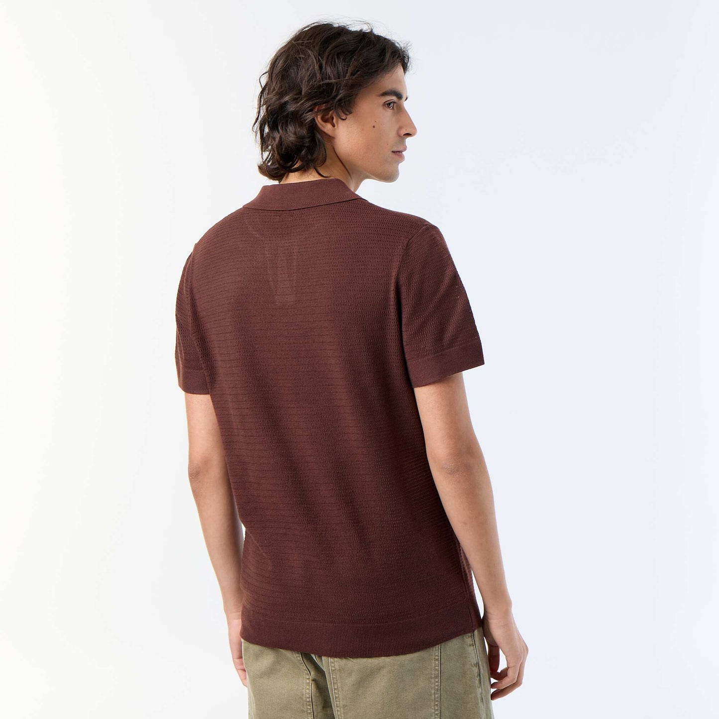 Short-sleeved openwork knit polo shirt BROWN