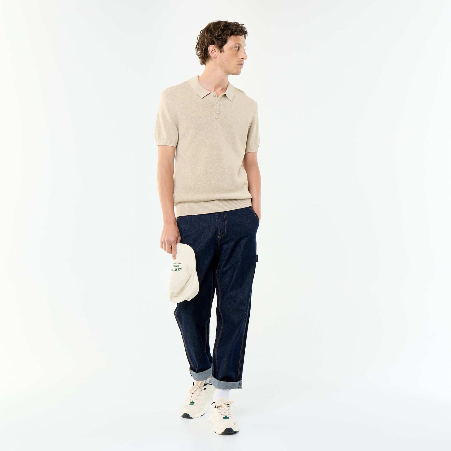 Short-sleeved openwork knit polo shirt BEIGE