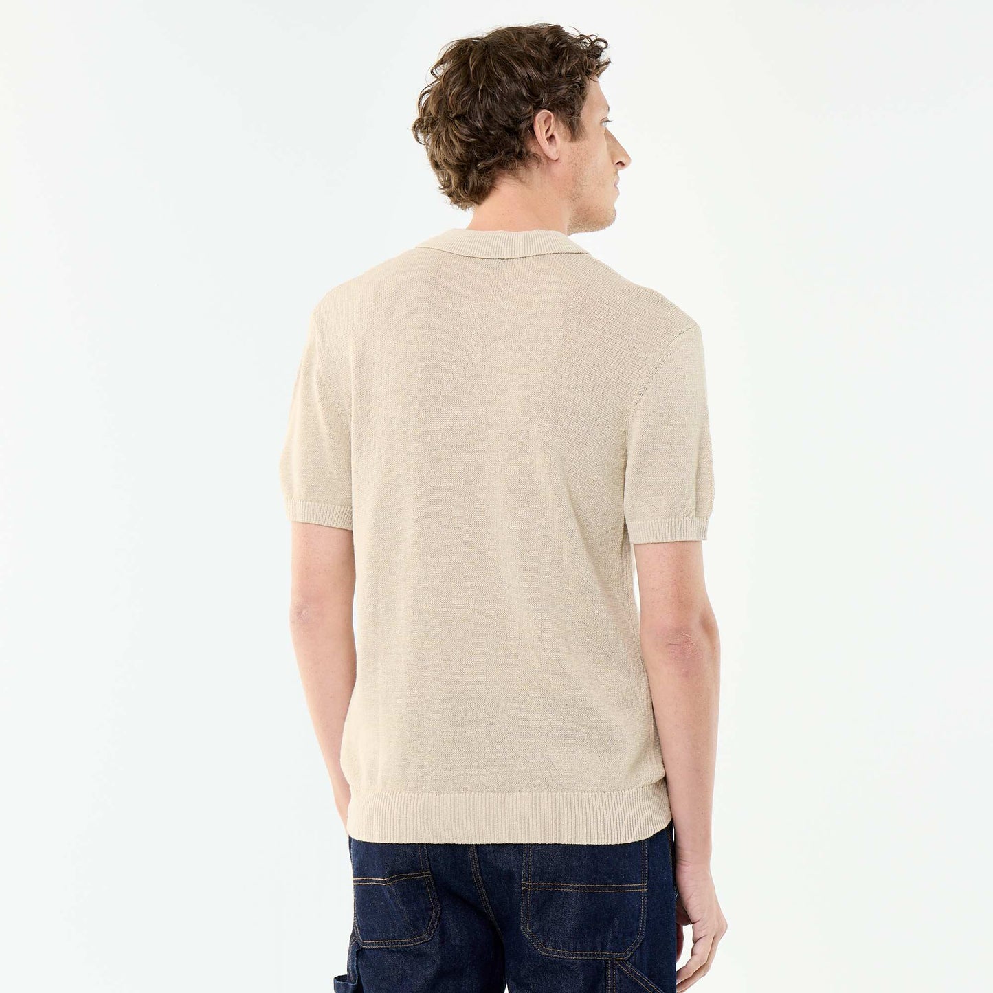 Short-sleeved openwork knit polo shirt BEIGE