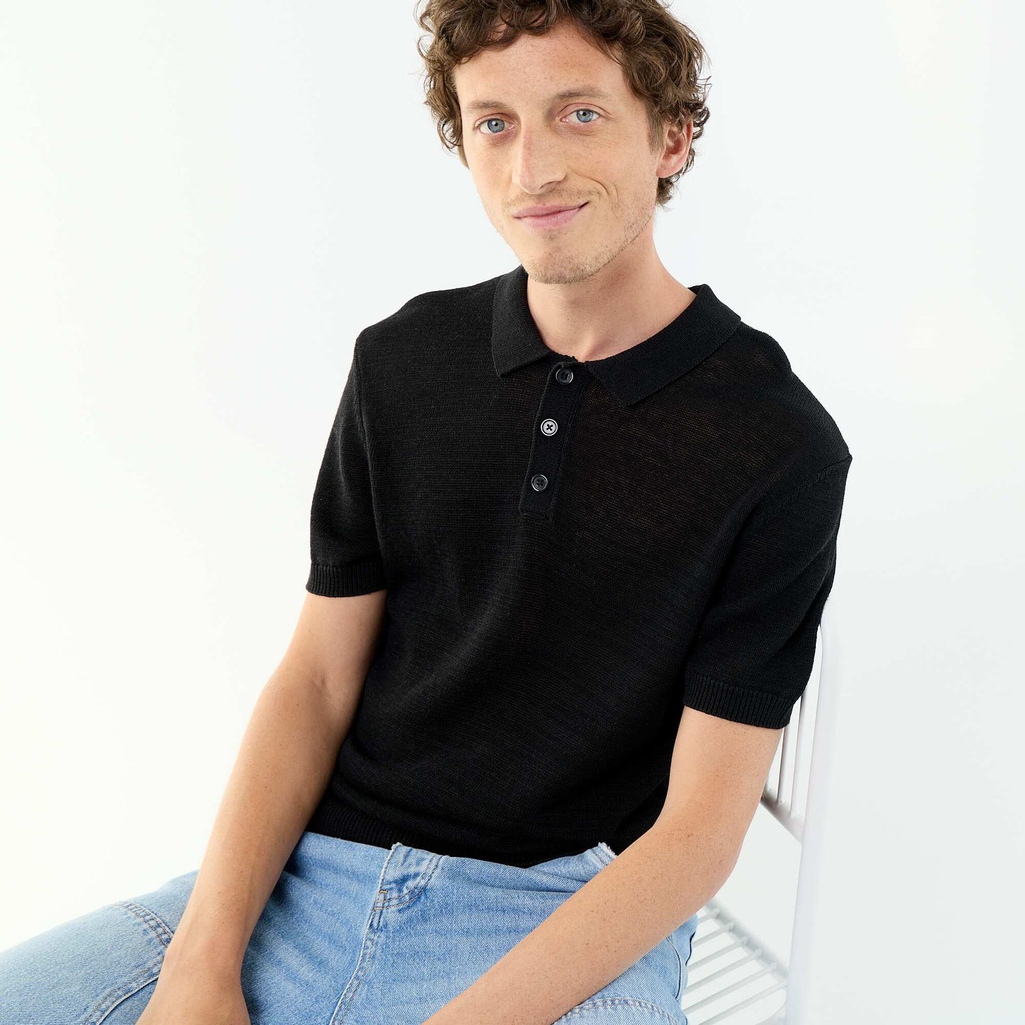 Short-sleeved openwork knit polo shirt BLACK