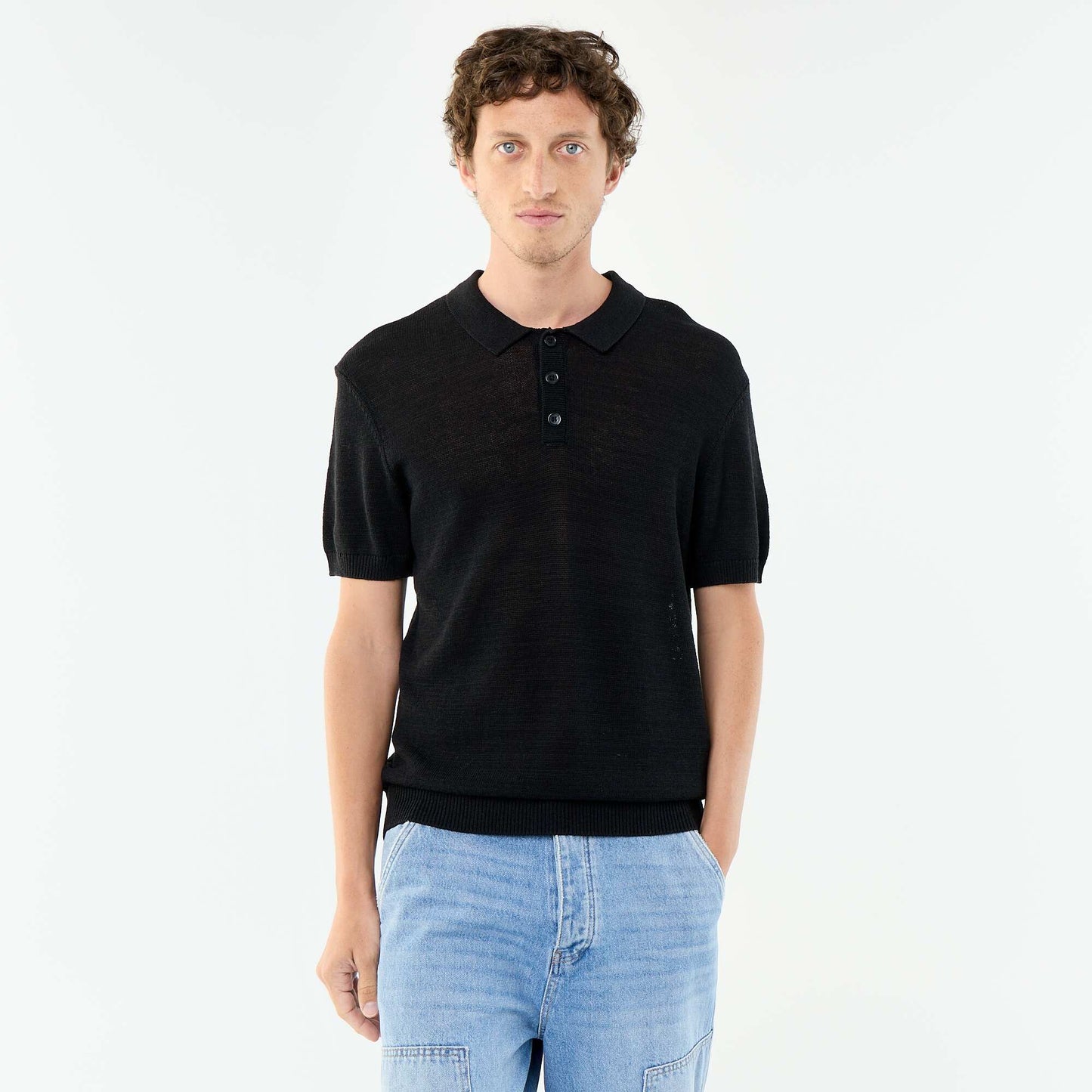 Short-sleeved openwork knit polo shirt BLACK