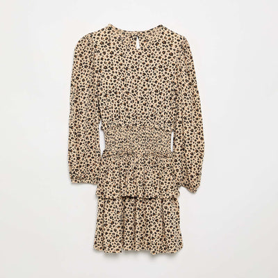 პრინტიანი კაბა ფრიალებით კრემისფერი