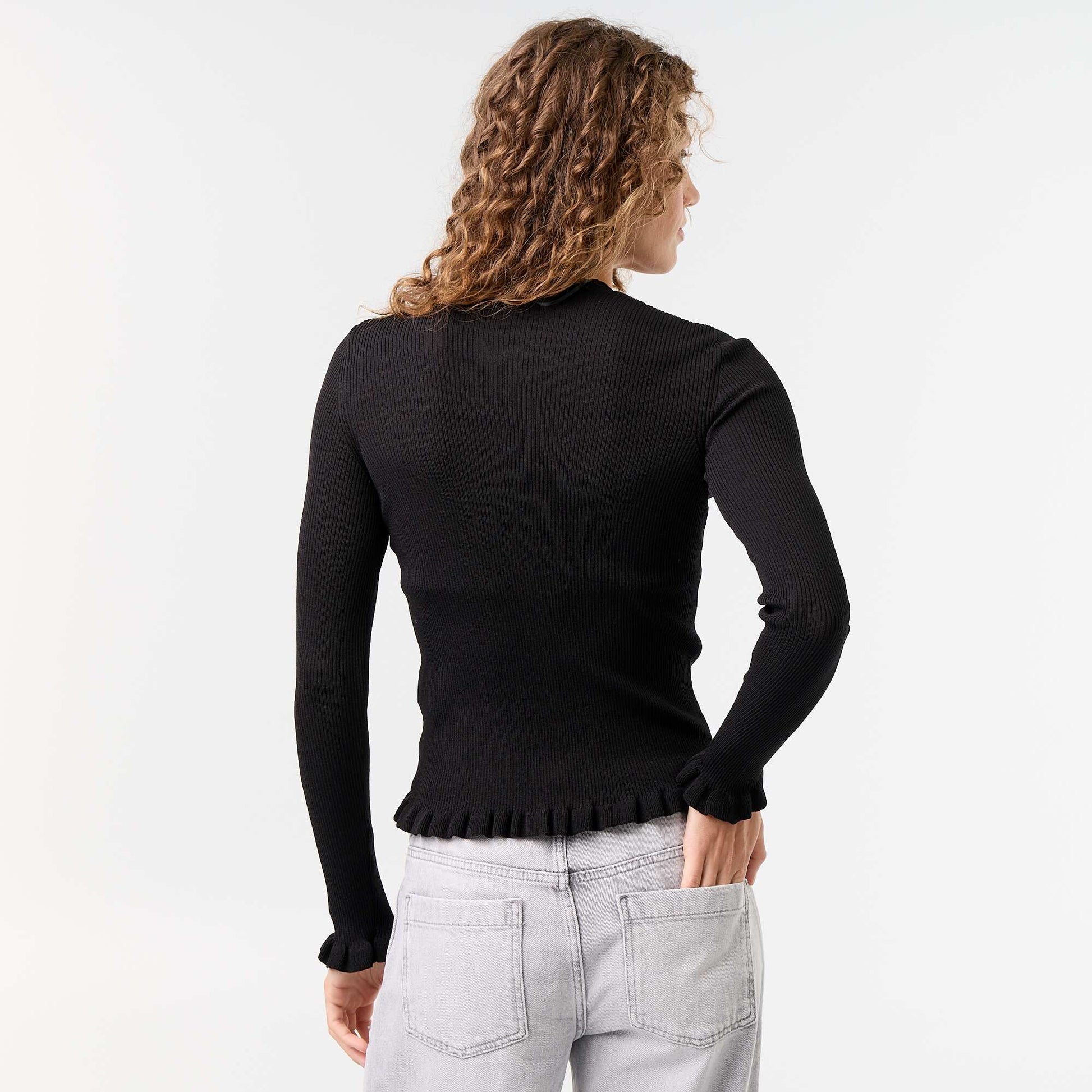 Ruffled Trim Ribbed Cardigan BLACK