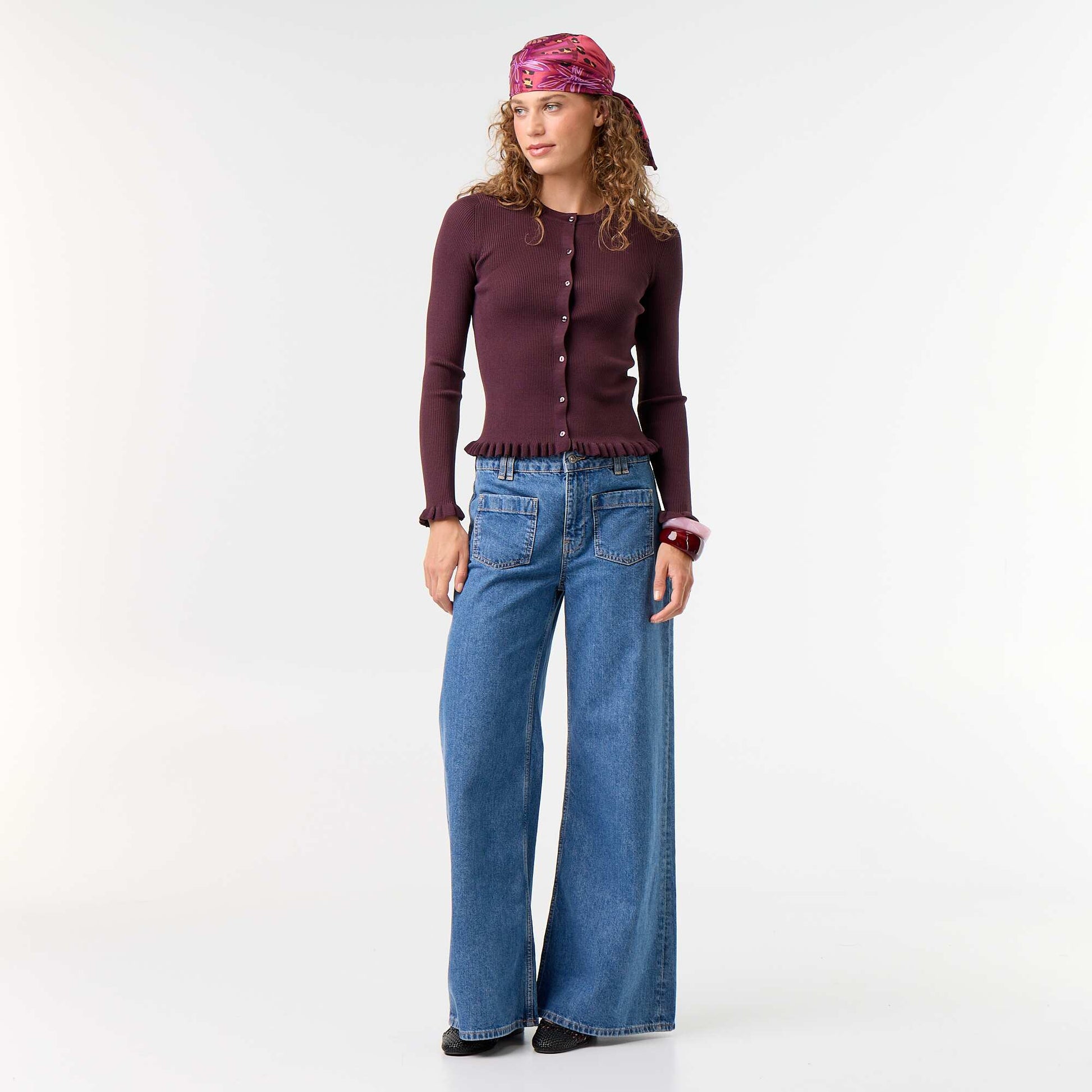 Ruffled Trim Ribbed Cardigan PURPLE