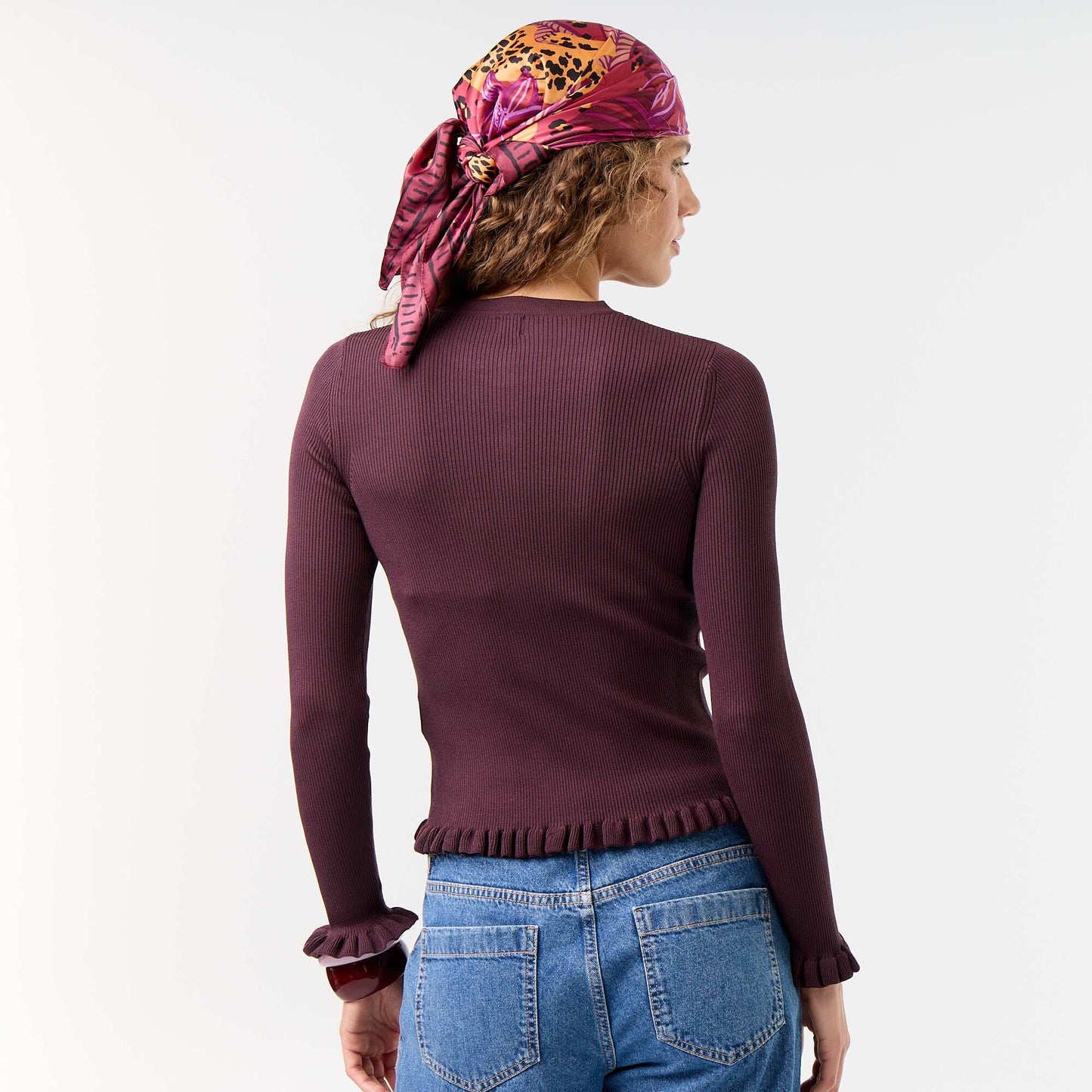 Ruffled Trim Ribbed Cardigan PURPLE