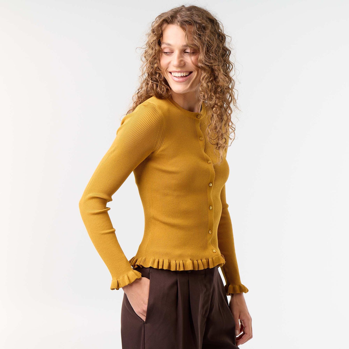 Ruffled Trim Ribbed Cardigan YELLOW