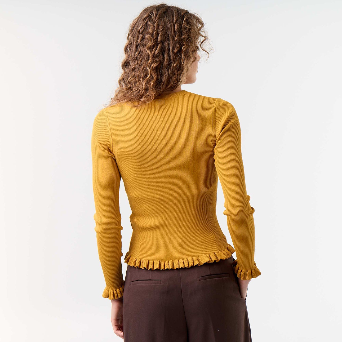 Ruffled Trim Ribbed Cardigan YELLOW