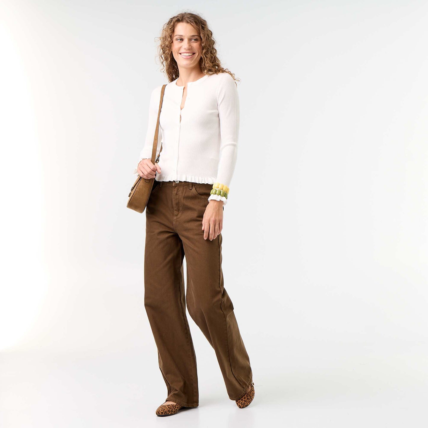 Ruffled Trim Ribbed Cardigan WHITE