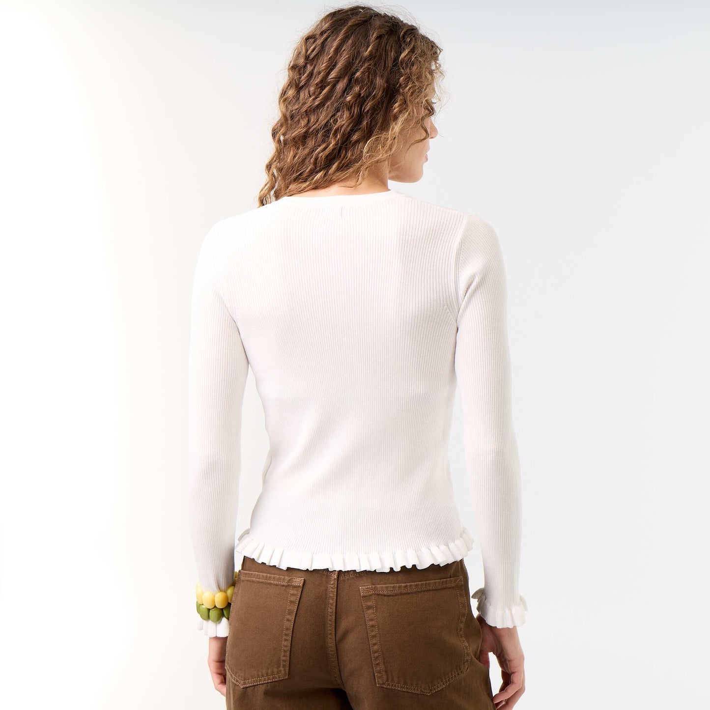 Ruffled Trim Ribbed Cardigan WHITE