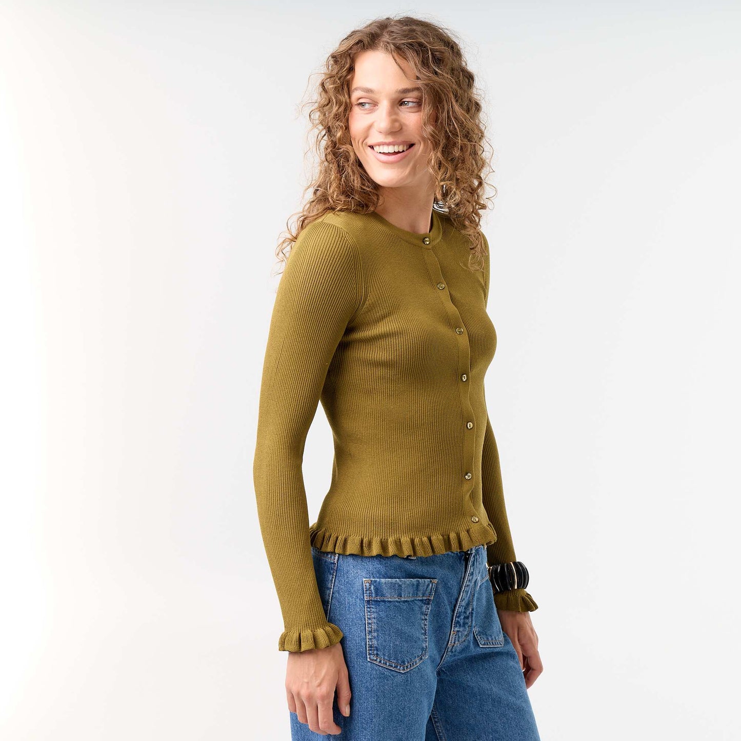 Ruffled Trim Ribbed Cardigan GREEN
