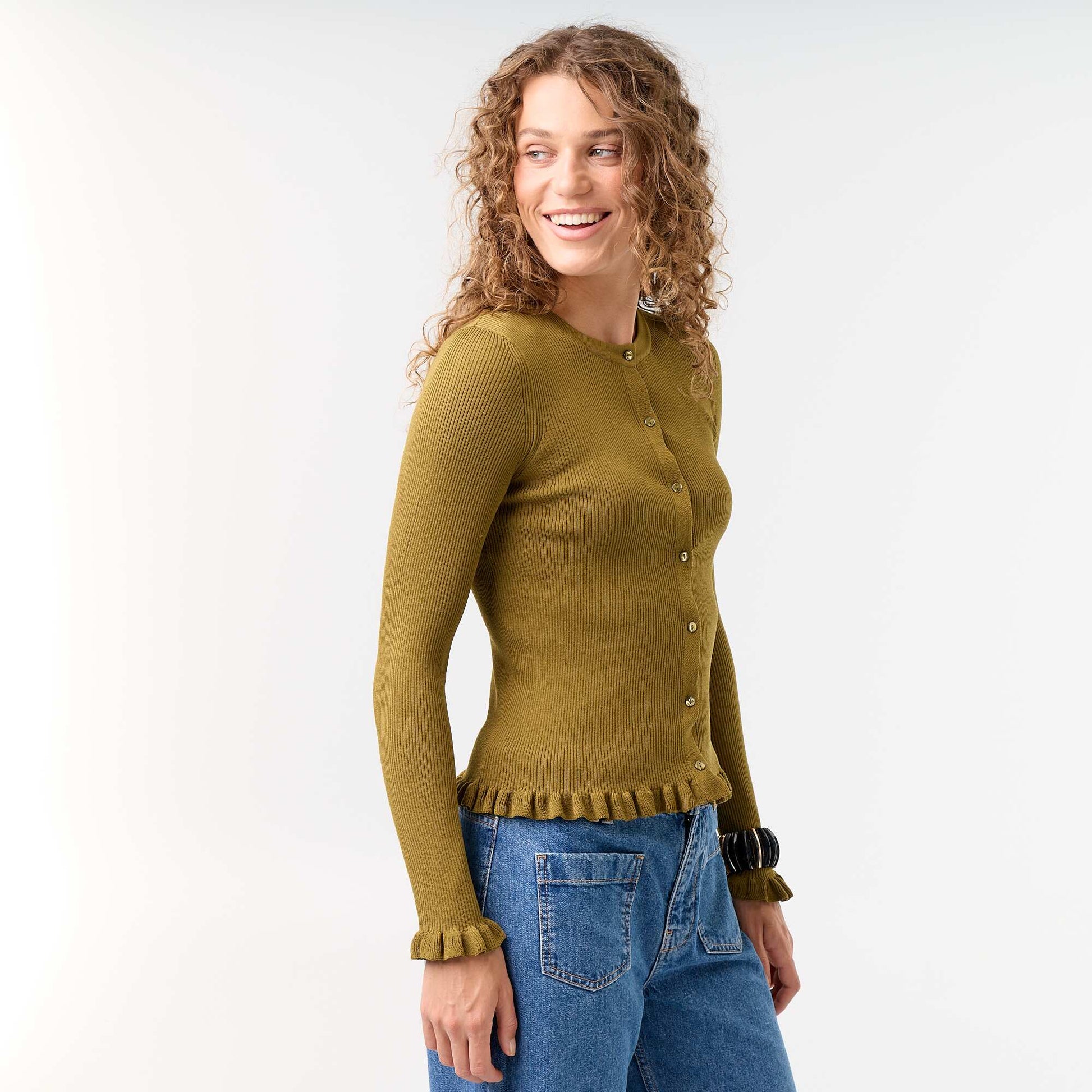 Ruffled Trim Ribbed Cardigan GREEN