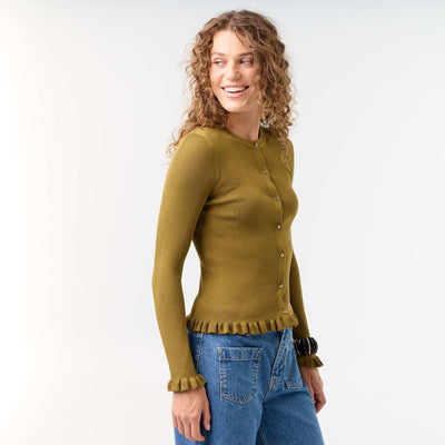 Ruffled Trim Ribbed Cardigan GREEN