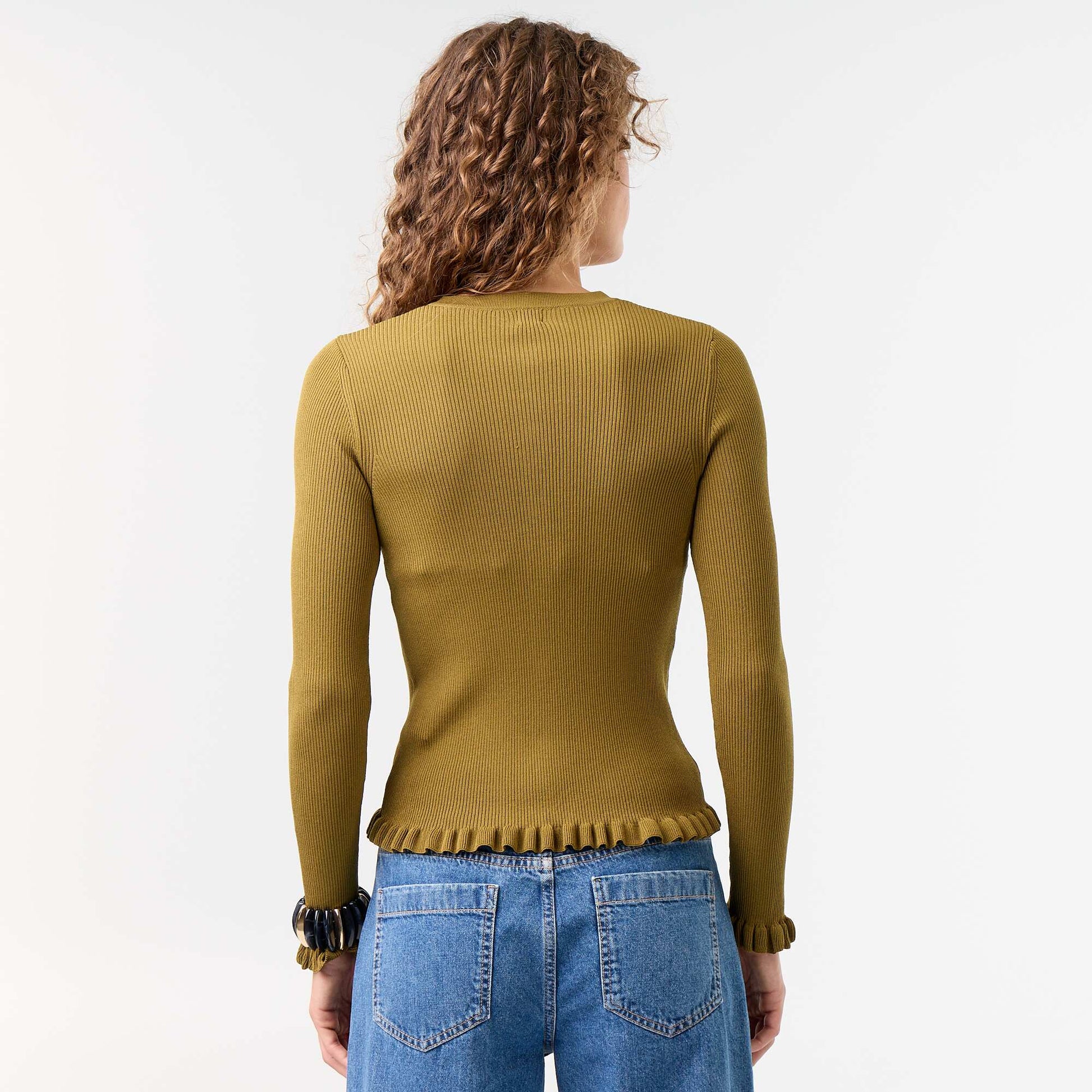 Ruffled Trim Ribbed Cardigan GREEN