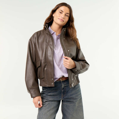Oversized Faux Leather High-Neck Jacket BROWN