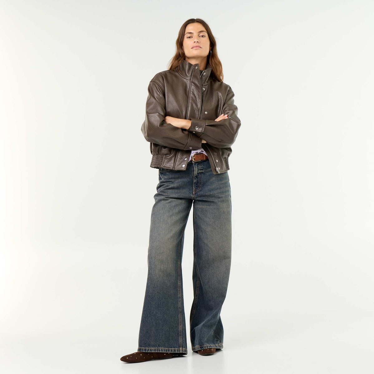 Oversized Faux Leather High-Neck Jacket BROWN