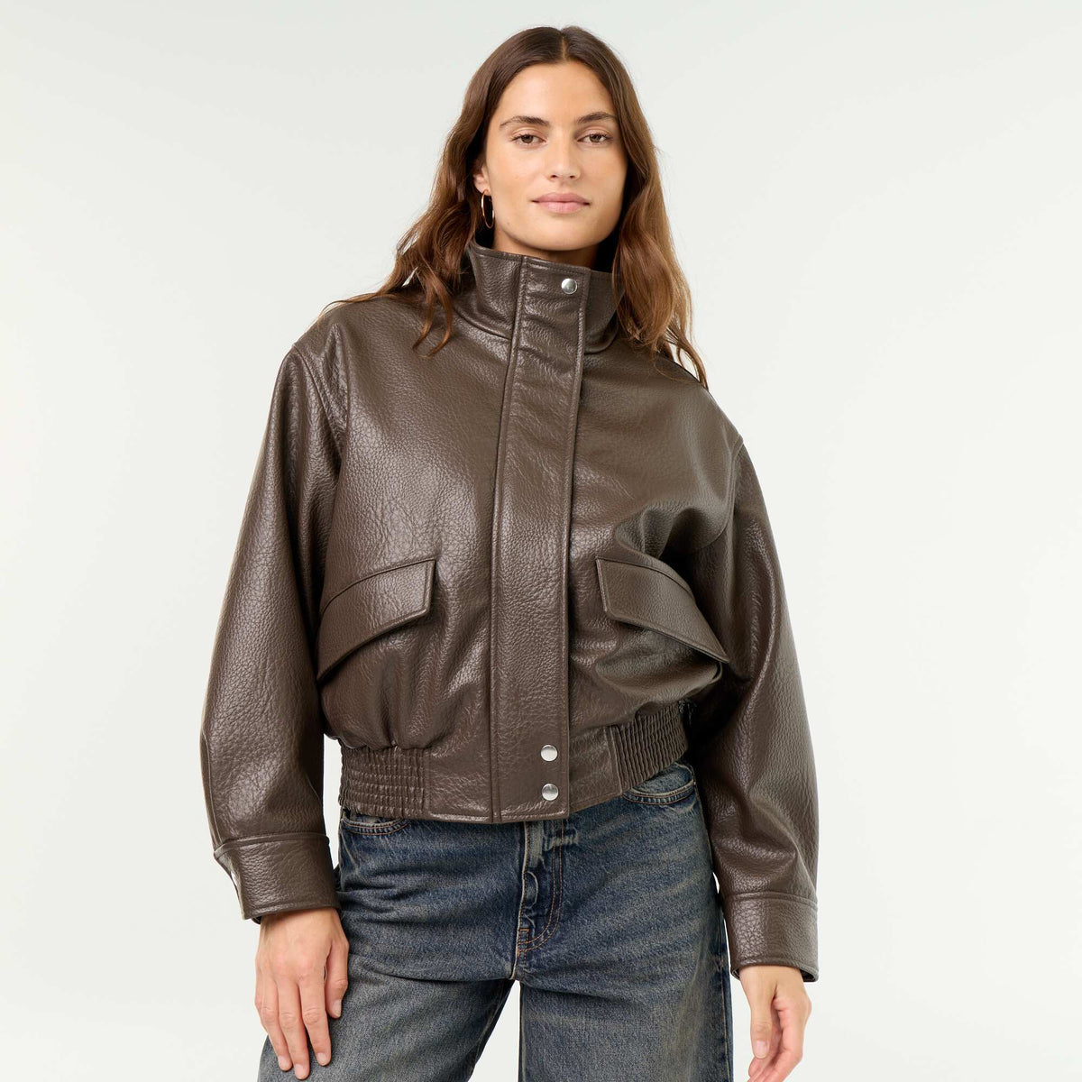 Oversized Faux Leather High-Neck Jacket BROWN