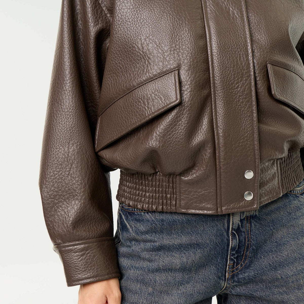 Oversized Faux Leather High-Neck Jacket BROWN