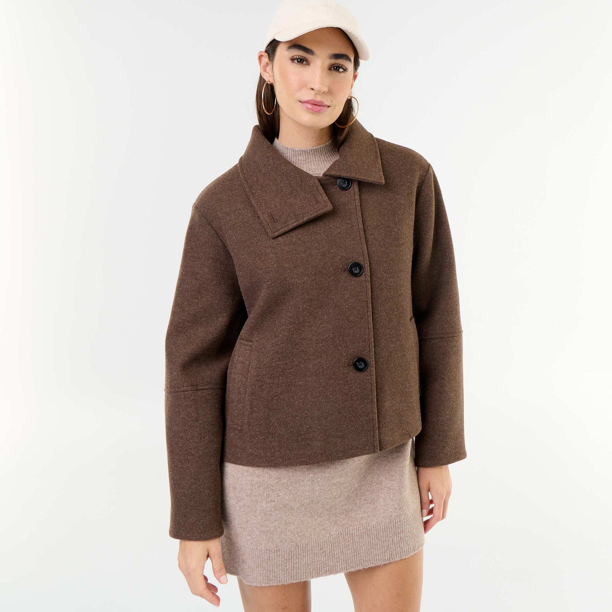 Wool-effect short coat BROWN