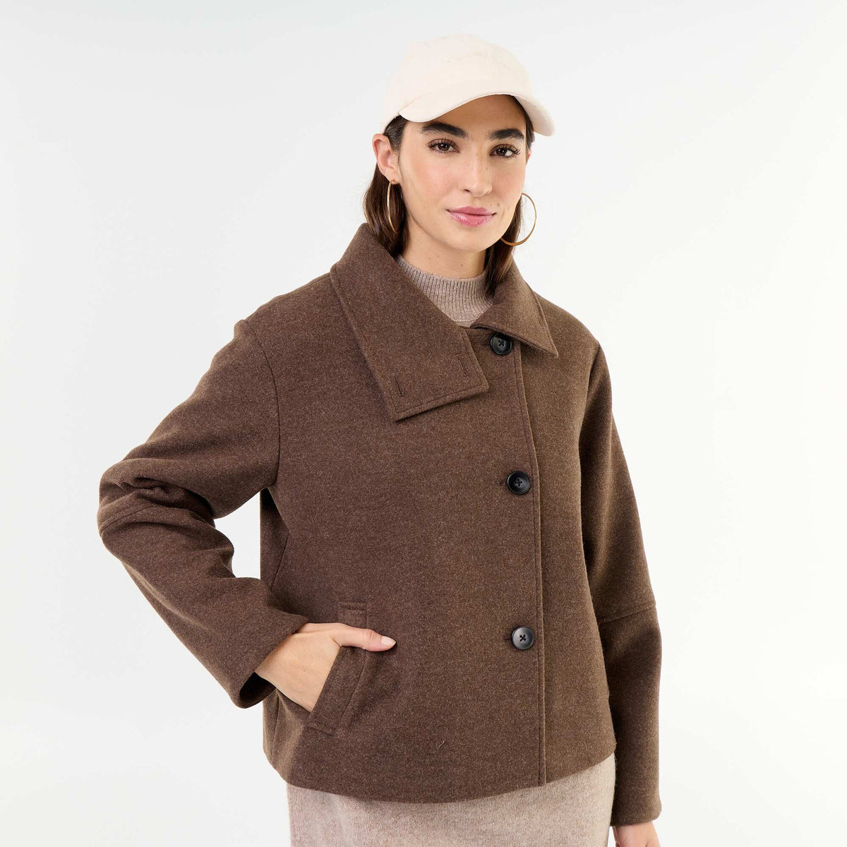 Wool-effect short coat BROWN