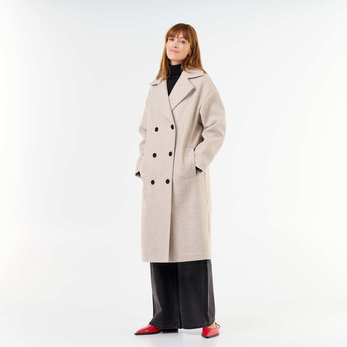 Long wool-effect coat with tailored collar BEIGE