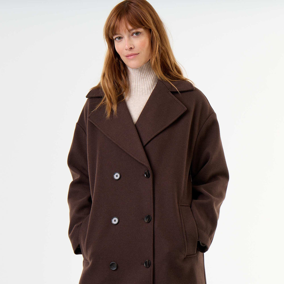 Long wool-effect coat with tailored collar BROWN