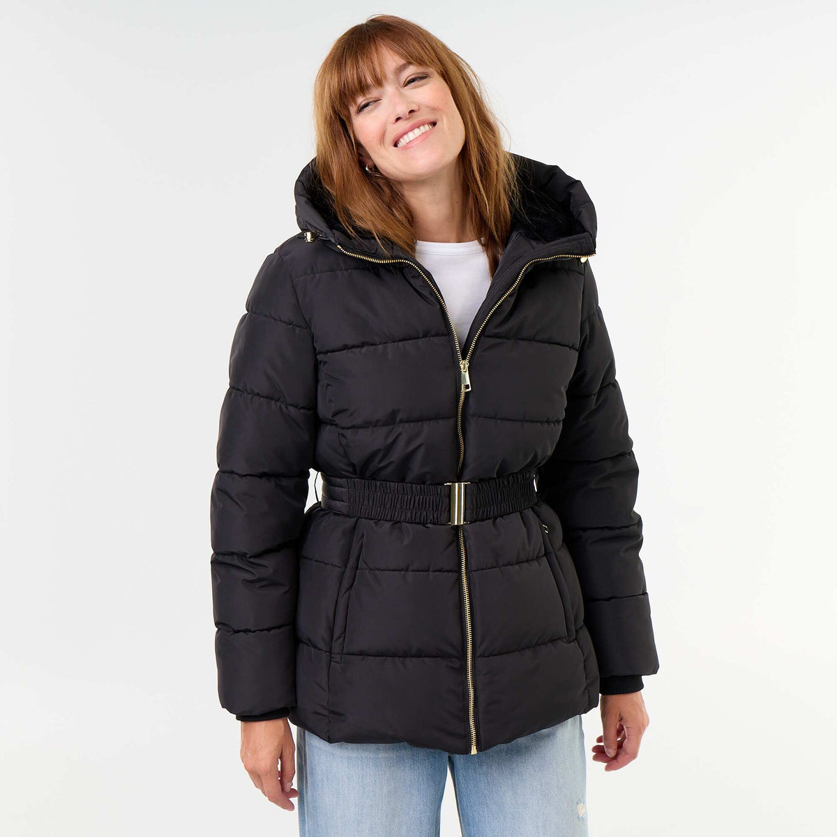 Faux fur-lined hooded parka BLACK