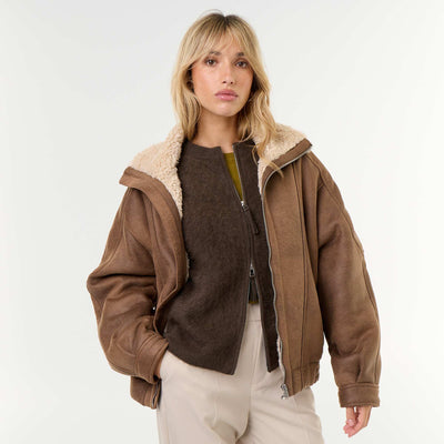 Faux Shearling Aviator Jacket BROWN