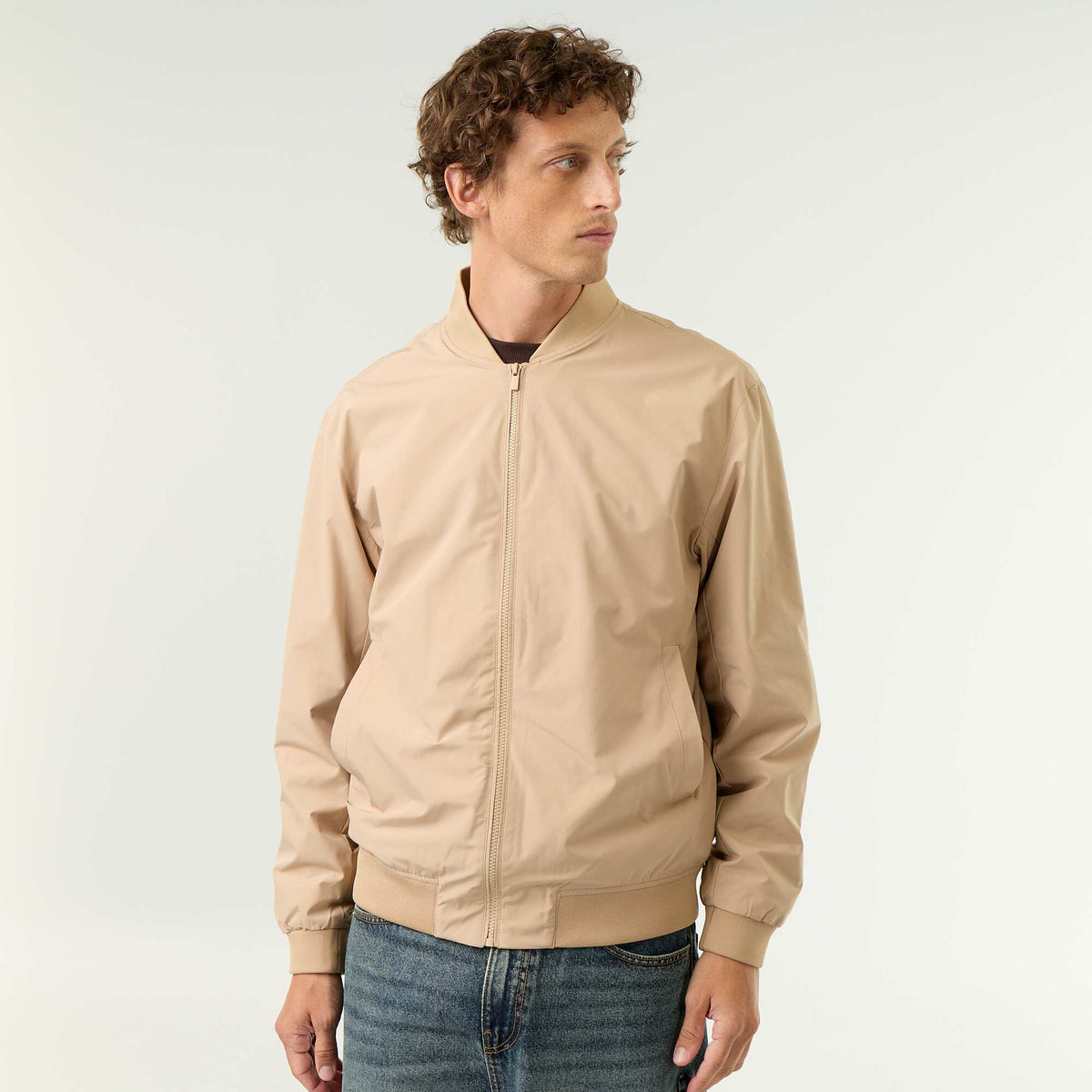Lightweight Plain Zip-Up Jacket BEIGE