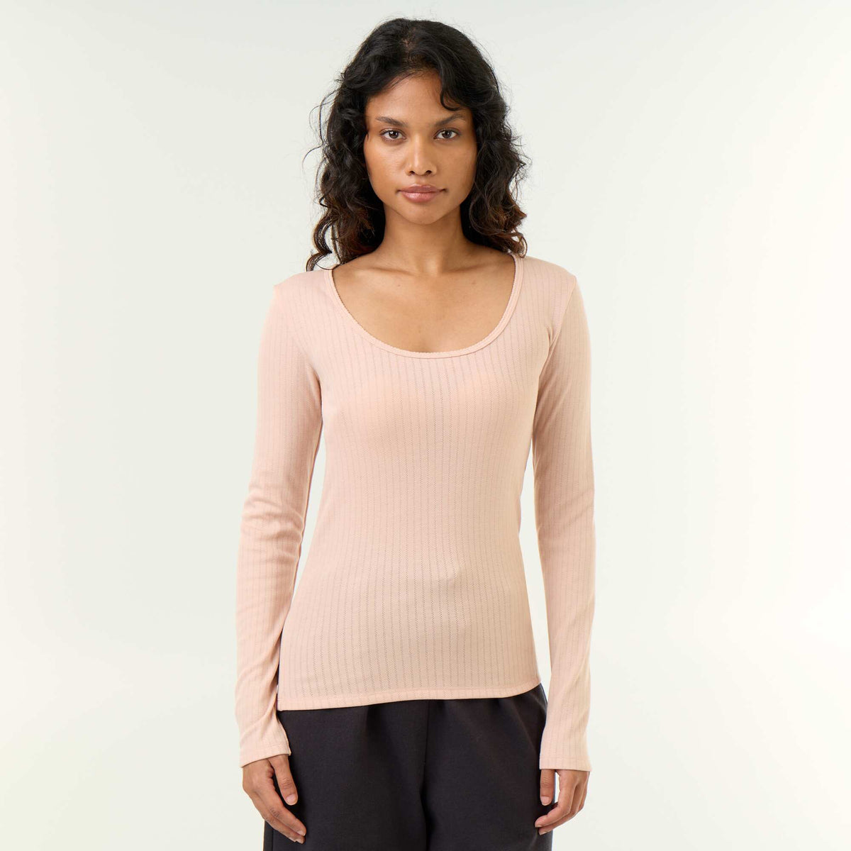 Long-sleeved pointelle knit T-shirt PINK