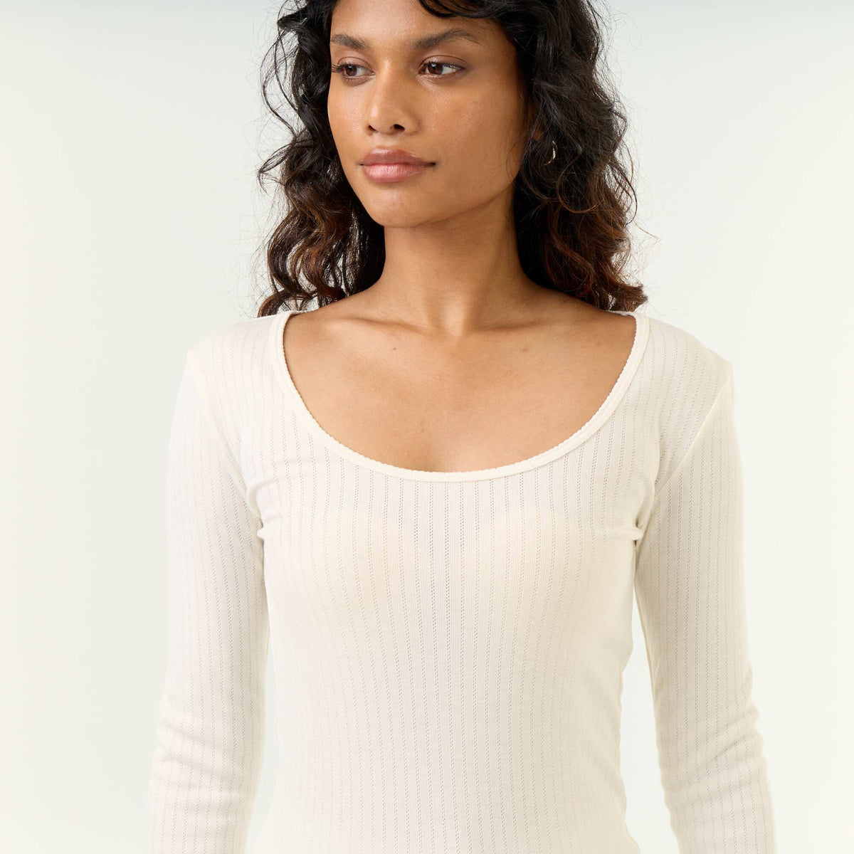 Long-sleeved pointelle knit T-shirt BEIGE