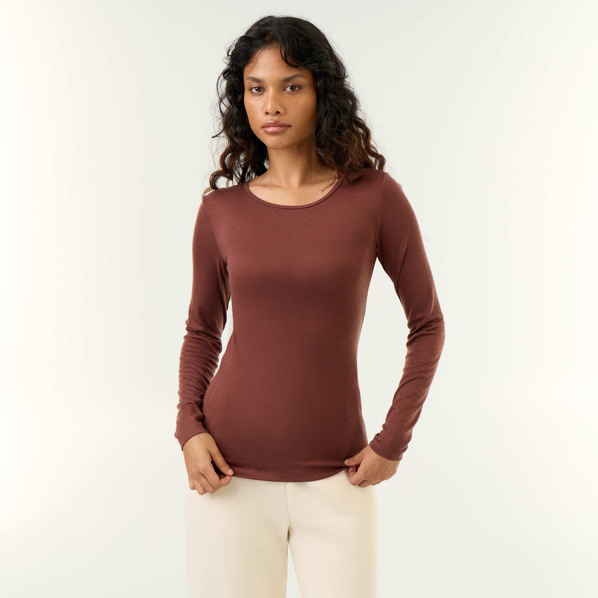 Long-sleeved wool blend T-shirt BROWN