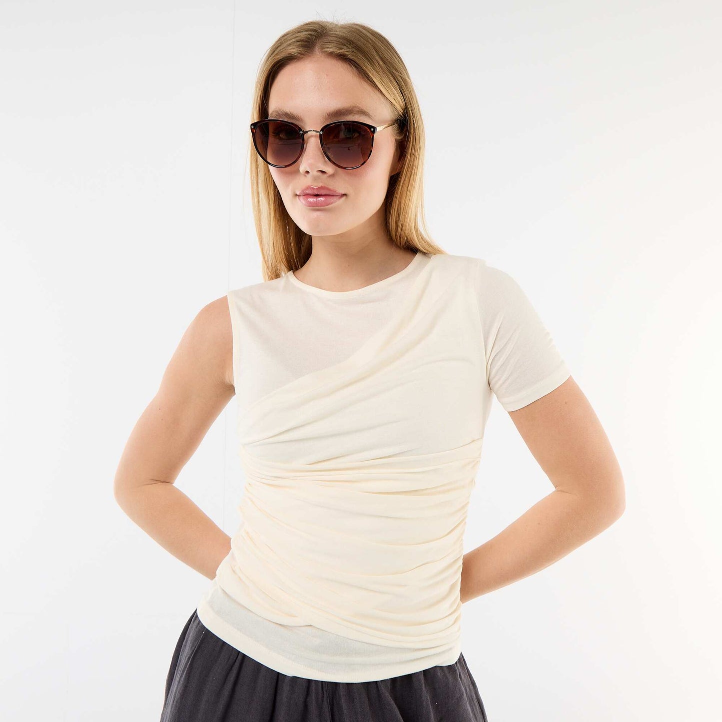 Asymmetric T-shirt with draped shoulder ECRU